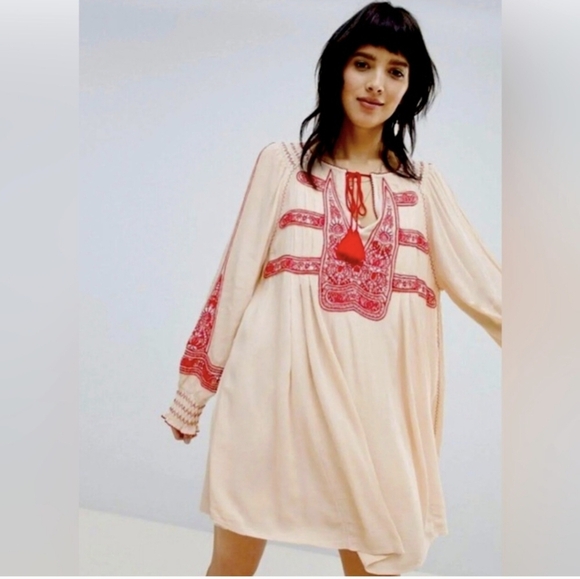 Free People Wind Willow Gauzey Split Neckline Embroidered Tunic Mini Dress(S) - Picture 5 of 10